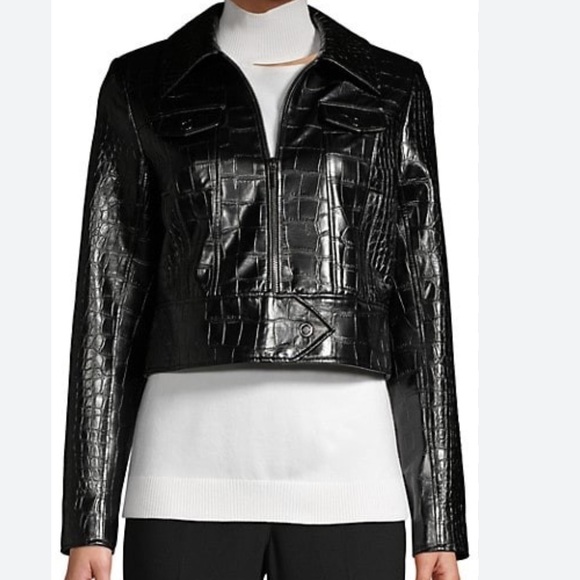 Ellie Tahari Jagger Croc-Embossed Faux-Leather Jacket - Picture 1 of 8